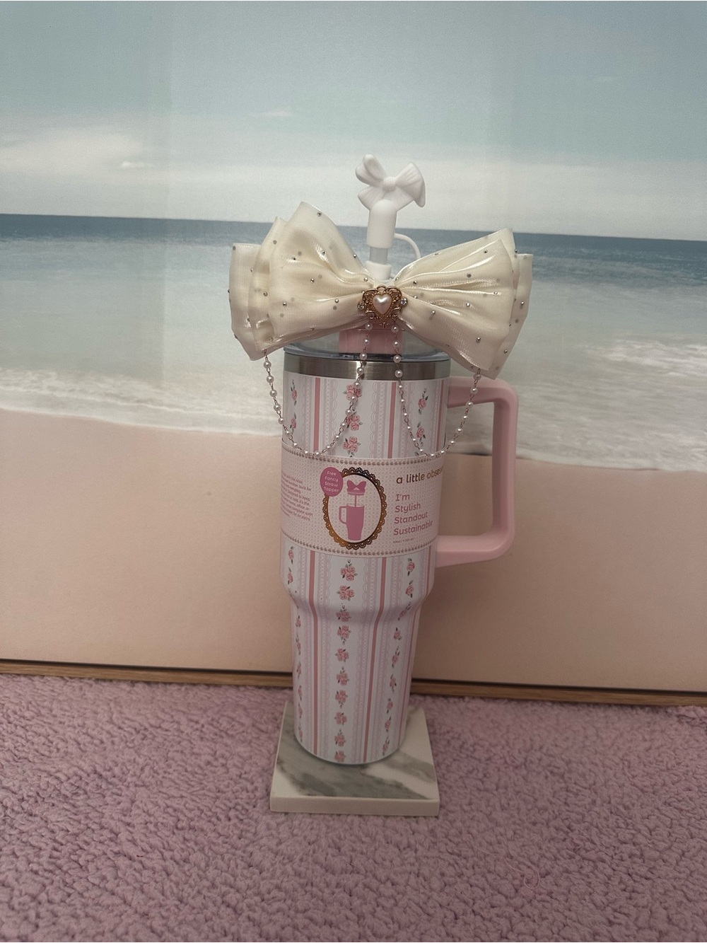 Cream Bow Straw Tumbler with Pink Floral Travel Mug